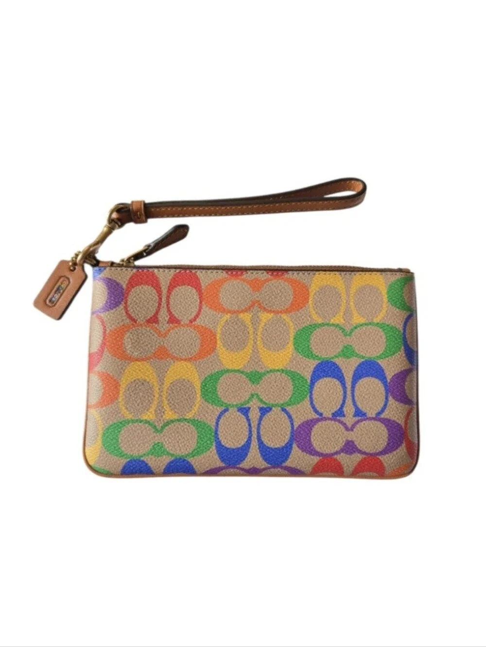 Coach Rainbow Signature Canvas Wristlet - Tan Trim EUC